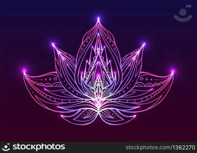 Outline Lotus with boho pattern and bright spark. Vector element for spa centers, yoga studios. Hand drawn. Doodle elements for your design. Outline Lotus with boho pattern and bright spark. Vector element