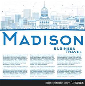 Outline Madison Skyline with Blue Buildings and Copy Space. Vector Illustration. Business Travel and Tourism Concept with Modern Buildings. Image for Presentation Banner Placard and Web Site.