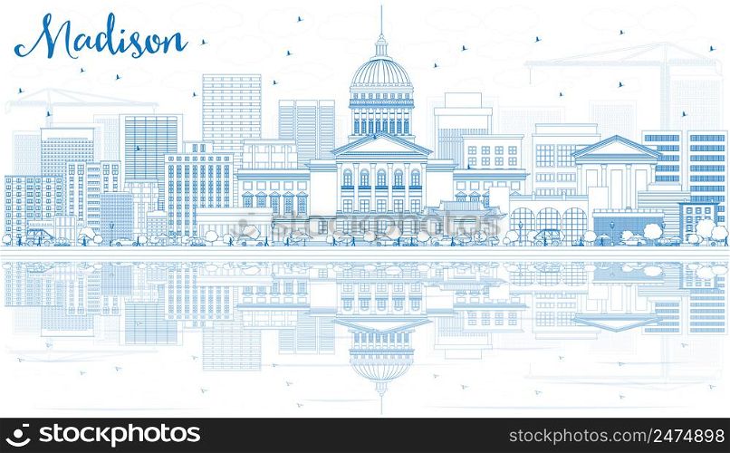 Outline Madison Skyline with Blue Buildings and Reflections. Vector Illustration. Business Travel and Tourism Concept with Modern Buildings. Image for Presentation Banner Placard and Web Site.