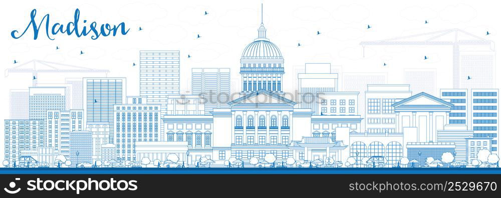 Outline Madison Skyline with Blue Buildings. Vector Illustration. Business Travel and Tourism Concept with Modern Buildings. Image for Presentation Banner Placard and Web Site.