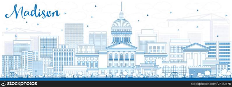 Outline Madison Skyline with Blue Buildings. Vector Illustration. Business Travel and Tourism Concept with Modern Buildings. Image for Presentation Banner Placard and Web Site.