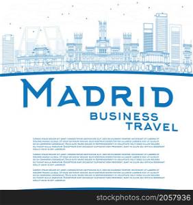 Outline Madrid Skyline with blue buildings and copy space. Business travel concept. Vector illustration