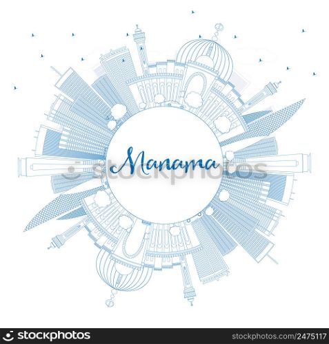 Outline Manama Skyline with Blue Buildings and Copy Space. Vector Illustration. Business Travel and Tourism Concept with Modern Buildings. Image for Presentation Banner Placard and Web Site.