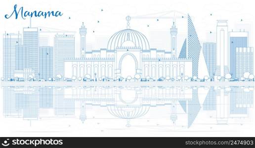 Outline Manama Skyline with Blue Buildings and Reflections. Vector Illustration. Business Travel and Tourism Concept with Modern Buildings. Image for Presentation Banner Placard and Web.