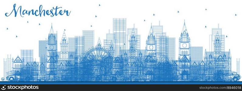 Outline Manchester Skyline with Blue Buildings. Vector Illustration. Business Travel and Tourism Concept with Modern Architecture. Manchester Cityscape with Landmarks.