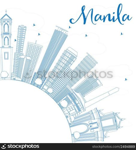 Outline Manila Skyline with Blue Buildings. Vector Illustration. Business Travel and Tourism Concept with Copy Space. Image for Presentation Banner Placard and Web Site.