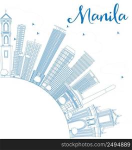 Outline Manila Skyline with Blue Buildings. Vector Illustration. Business Travel and Tourism Concept with Copy Space. Image for Presentation Banner Placard and Web Site.