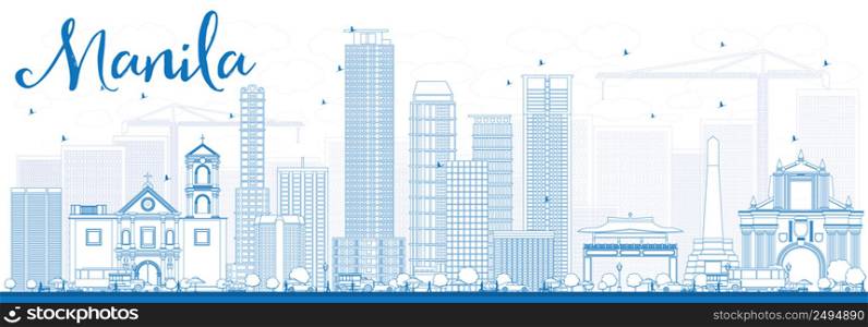 Outline Manila Skyline with Blue Buildings. Vector Illustration. Business Travel and Tourism Concept with Modern Buildings. Image for Presentation Banner Placard and Web Site.