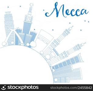 Outline Mecca Skyline with Blue Landmarks and Copy Space. Vector Illustration. Travel and Tourism Concept with Historic Buildings. Image for Presentation Banner Placard and Web Site.