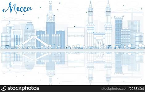 Outline Mecca Skyline with Blue Landmarks and Reflections. Vector Illustration. Travel and Tourism Concept with Historic Buildings. Image for Presentation Banner Placard and Web Site.