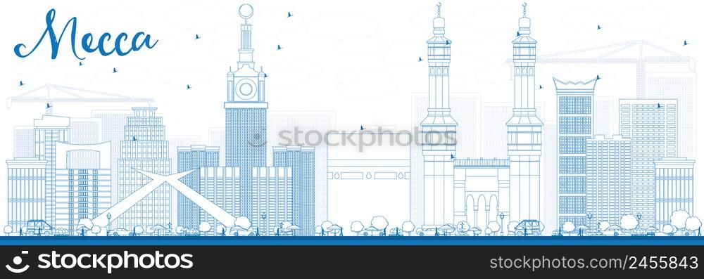 Outline Mecca Skyline with Blue Landmarks. Vector Illustration. Travel and Tourism Concept with Historic Buildings. Image for Presentation Banner Placard and Web Site.