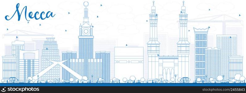 Outline Mecca Skyline with Blue Landmarks. Vector Illustration. Travel and Tourism Concept with Historic Buildings. Image for Presentation Banner Placard and Web Site.
