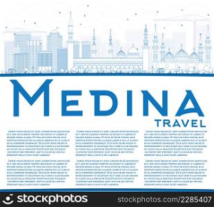 Outline Medina Skyline with Blue Buildings and Copy Space. Vector Illustration. Business Travel and Tourism Concept with Historic Buildings. Image for Presentation Banner Placard and Web Site.