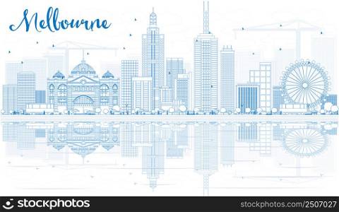 Outline Melbourne Skyline with Blue Buildings and Reflections. Vector Illustration. Business Travel and Tourism Concept with Modern Buildings. Image for Presentation Banner Placard and Web Site.
