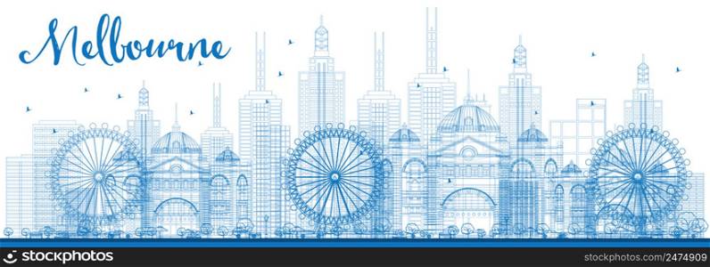 Outline Melbourne Skyline with Blue Buildings. Vector Illustration. Business Travel and Tourism Concept with Modern Buildings. Image for Presentation Banner Placard and Web Site.