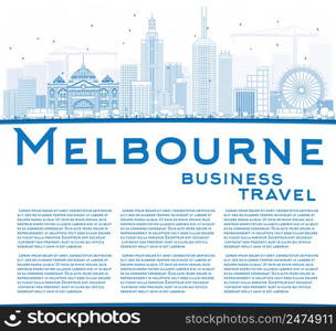 Outline Melbourne Skyline with Blue Buildings. Vector Illustration. Business Travel and Tourism Concept with Copy Space. Image for Presentation Banner Placard and Web Site.