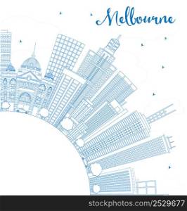 Outline Melbourne Skyline with Blue Buildings. Vector Illustration. Business Travel and Tourism Concept with Copy Space. Image for Presentation Banner Placard and Web Site.