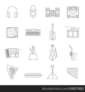 Outline Melody Icon Set. Outline style music instruments and accessories icons with piano mic violin drum and others isolated vector illustration