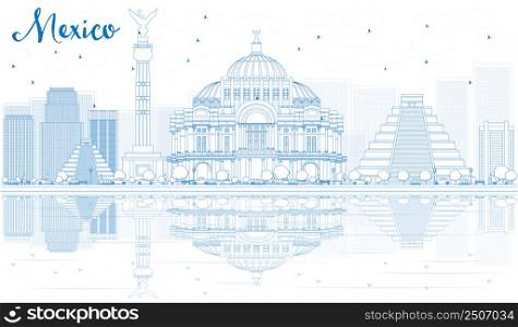 Outline Mexico skyline with blue buildings and reflections. Vector illustration. Business travel and tourism concept with place for text. Image for presentation, banner, placard and web site.
