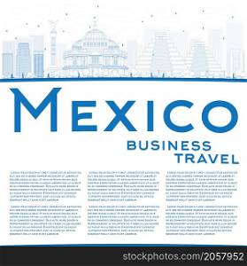 Outline Mexico skyline with blue landmarks and copy space. Vector illustration. Business travel and tourism concept with historic buildings. Image for presentation, banner, placard and web site.