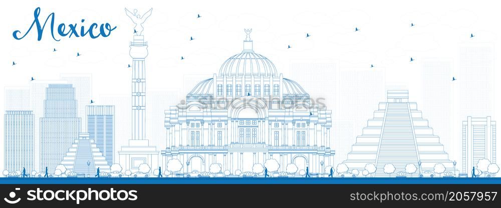 Outline Mexico skyline with blue landmarks. Vector illustration. Business travel and tourism concept with historic buildings. Image for presentation, banner, placard and web site.