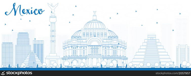 Outline Mexico skyline with blue landmarks. Vector illustration. Business travel and tourism concept with historic buildings. Image for presentation, banner, placard and web site.