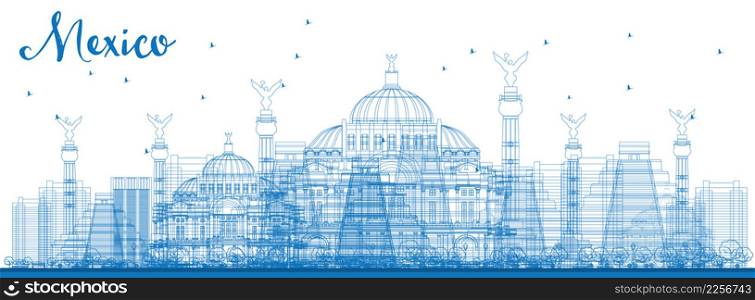 Outline Mexico skyline with blue landmarks. Vector illustration. Business travel and tourism concept with historic buildings. Image for presentation, banner, placard and web site.