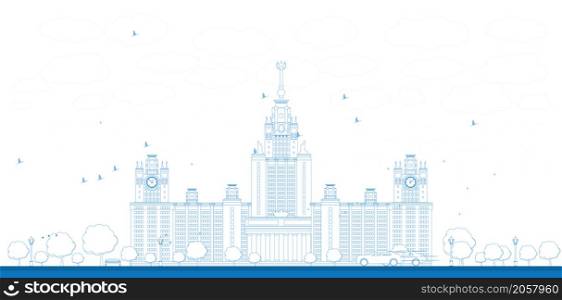 Outline MGU. Moscow State University, Moscow, Russia. Vector illustration with cars