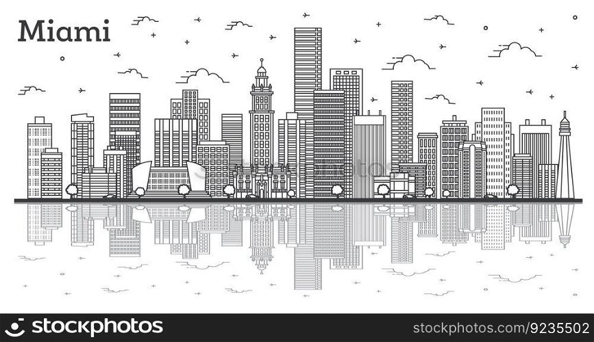 Outline Miami Florida City Skyline with Modern Buildings and Reflections Isolated on White. Vector Illustration. Miami USA Cityscape with Landmarks. 