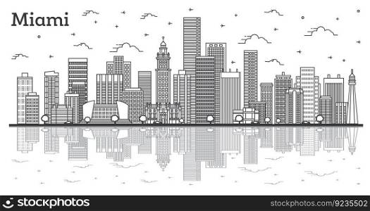 Outline Miami Florida City Skyline with Modern Buildings and Reflections Isolated on White. Vector Illustration. Miami USA Cityscape with Landmarks. 