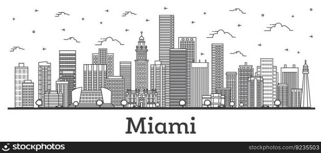 Outline Miami Florida City Skyline with Modern Buildings Isolated on White. Vector Illustration. Miami USA Cityscape with Landmarks. 