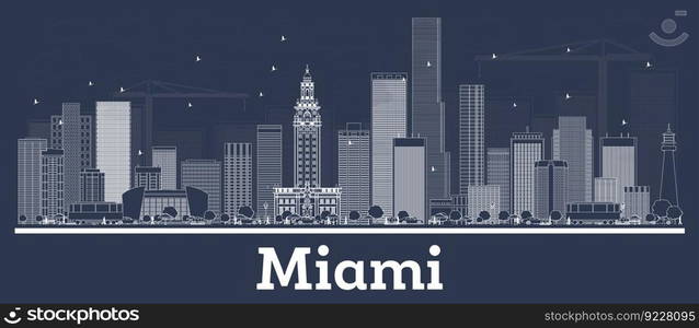 Outline Miami Florida City Skyline with White Buildings. Vector Illustration. Business Travel and Concept with Modern Architecture. Miami Cityscape with Landmarks.