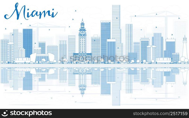 Outline Miami Skyline with Blue Buildings and Reflections. Vector Illustration. Business Travel and Tourism Concept with Modern Buildings. Image for Presentation Banner Placard and Web Site.
