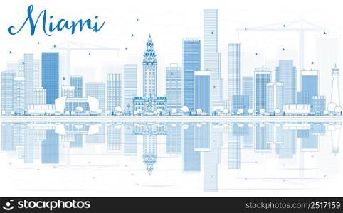 Outline Miami Skyline with Blue Buildings and Reflections. Vector Illustration. Business Travel and Tourism Concept with Modern Buildings. Image for Presentation Banner Placard and Web Site.