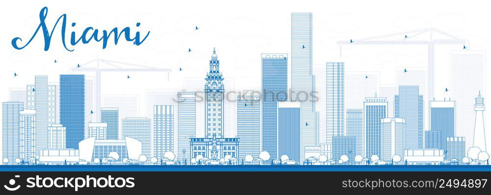 Outline Miami Skyline with Blue Buildings. Vector Illustration. Business Travel and Tourism Concept with Modern Buildings. Image for Presentation Banner Placard and Web Site.