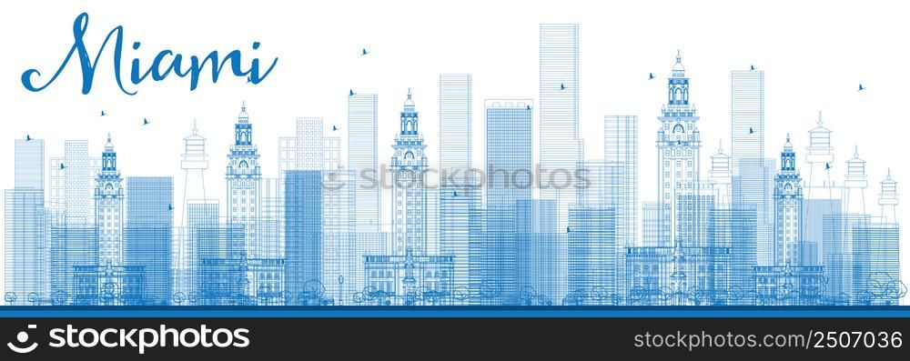 Outline Miami Skyline with Blue Buildings. Vector Illustration. Business Travel and Tourism Concept with Modern Buildings. Image for Presentation Banner Placard and Web Site.