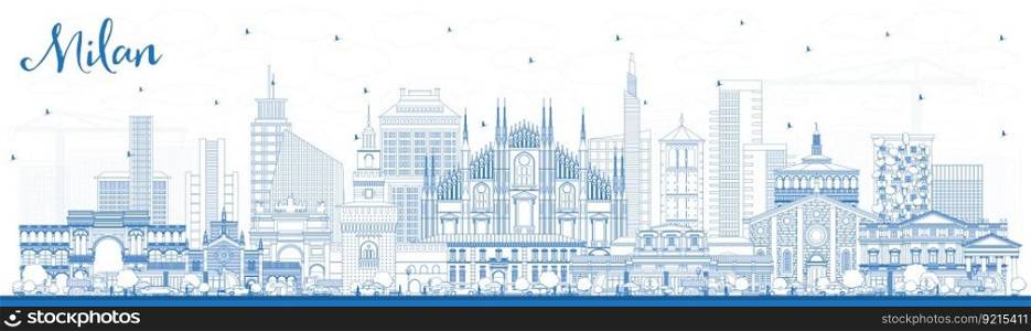 Outline Milan Italy City Skyline with Blue Buildings. Vector Illustration. Business Travel and Concept with Historic Architecture. Milan Cityscape with Landmarks.