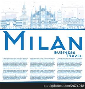 Outline Milan Skyline with Blue Landmarks and Copy Space. Vector Illustration. Business Travel and Tourism Concept with Historic Buildings. Image for Presentation Banner Placard and Web Site.