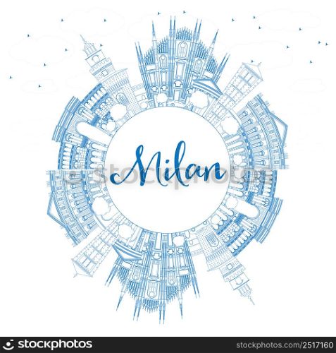 Outline Milan Skyline with Blue Landmarks and Copy Space. Vector Illustration. Business Travel and Tourism Concept with Historic Buildings.