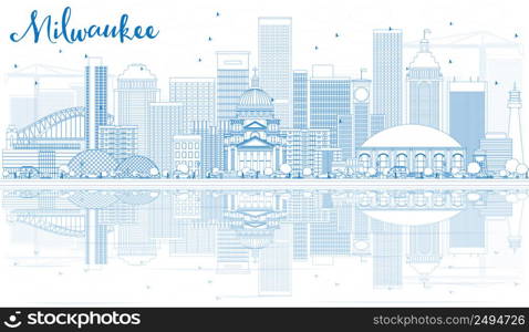 Outline Milwaukee Skyline with Blue Buildings and Reflections. Vector Illustration. Business Travel and Tourism Concept with Modern Architecture. Image for Presentation Banner Placard and Web.