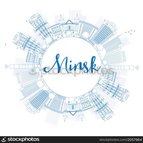 Outline Minsk skyline with blue buildings and copy space. Vector illustration. Business travel and tourism concept with modern buildings. Image for presentation, banner, placard and web site.