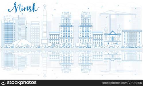 Outline Minsk skyline with blue buildings and reflections. Vector illustration. Business travel and tourism concept with place for text. Image for presentation, banner, placard and web site.