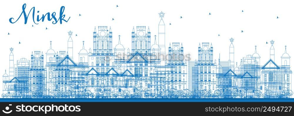 Outline Minsk skyline with blue buildings. Vector illustration. Business travel and tourism concept with modern buildings. Image for presentation, banner, placard and web site.