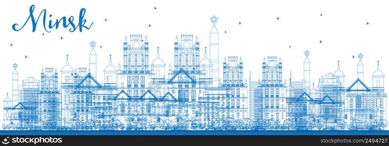 Outline Minsk skyline with blue buildings. Vector illustration. Business travel and tourism concept with modern buildings. Image for presentation, banner, placard and web site.