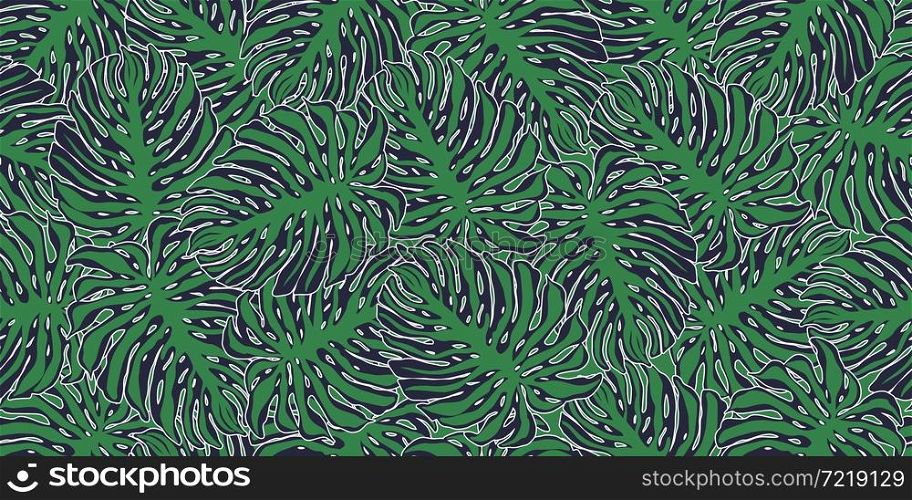 Outline monstera jungle leaves seamless pattern. Tropical pattern, palm leaf seamless. Floral background. Exotic hawaiian plants backdrop. Design for fabric, textile print, surface, wrapping, cover. Outline monstera jungle leaves seamless pattern. Tropical pattern, palm leaf seamless.