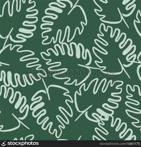 Outline monstera leaf seamless pattern on green background. Exotic jungle wallpaper. Tropical leaves vector illustration. Design for fabric, textile print, wrapping paper, cover.. Outline monstera leaf seamless pattern on green background. Exotic jungle wallpaper. Tropical leaves vector illustration.