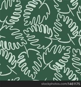 Outline monstera leaf seamless pattern on green background. Exotic jungle wallpaper. Tropical leaves vector illustration. Design for fabric, textile print, wrapping paper, cover.. Outline monstera leaf seamless pattern on green background. Exotic jungle wallpaper. Tropical leaves vector illustration.