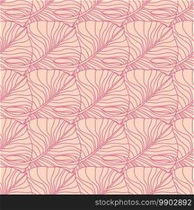 Outline monstera leaves silhouettes seamless stylized pattern. Pink palette tropical plant artwork. Simple botanic print. For fabric design, textile print, wrapping, cover. Vector illustration.. Outline monstera leaves silhouettes seamless stylized pattern. Pink palette tropical plant artwork. Simple botanic print.