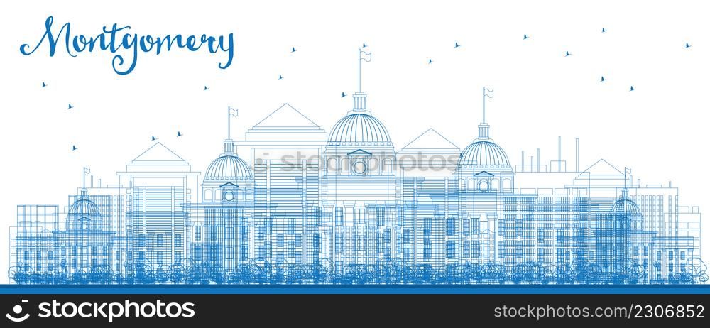 Outline Montgomery Skyline with Blue Buildings. Alabama. Vector Illustration. Business travel and tourism concept with modern buildings. Image for presentation, banner, placard and web site.