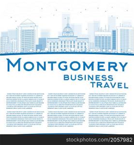 Outline Montgomery Skyline with Blue Buildings and copy space. Alabama. Vector Illustration